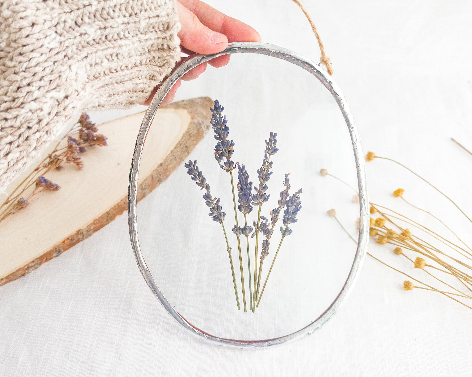 Herbarium Stained Glass Frame, Real Lavender Large Wall Art in Glass