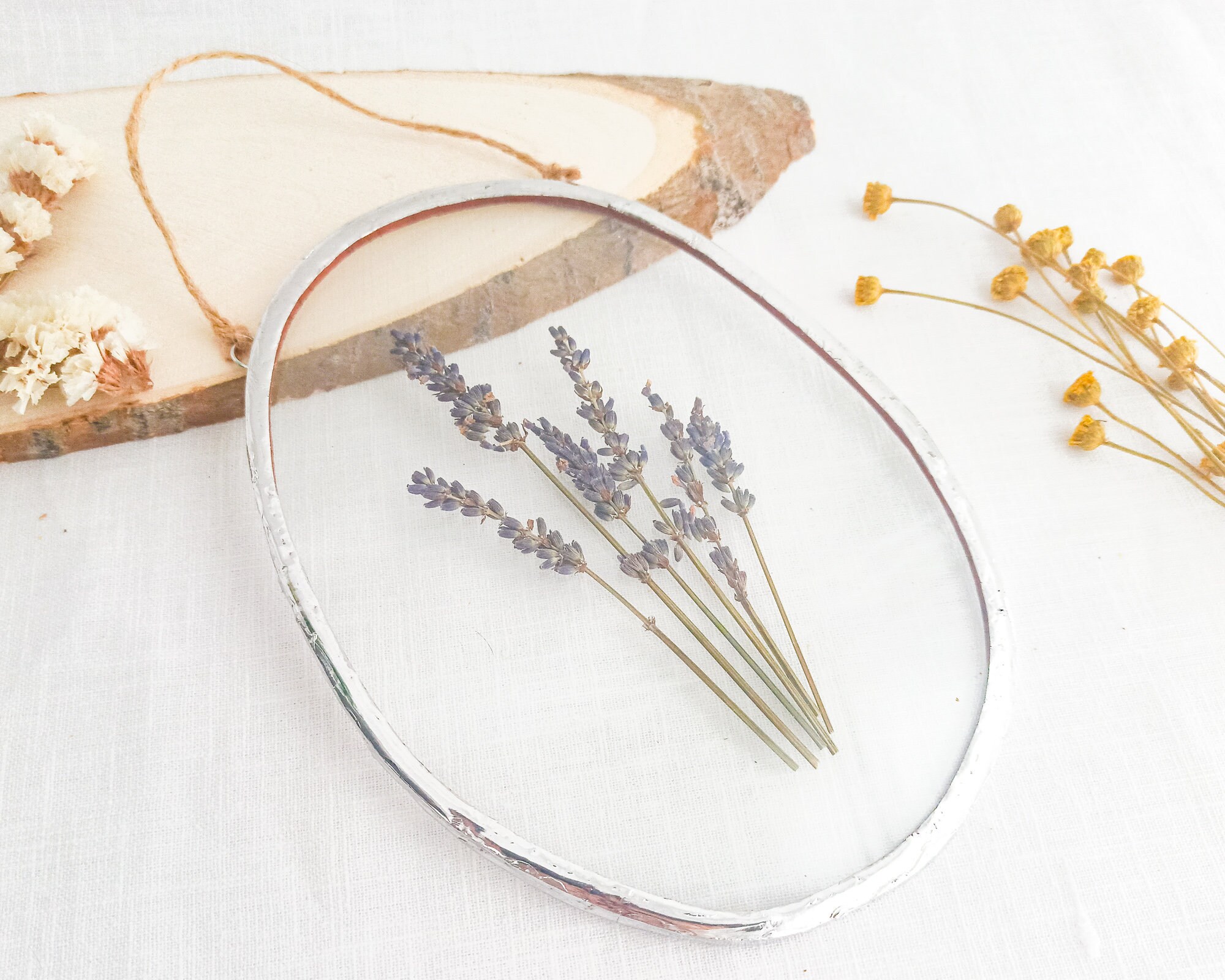 Herbarium Stained Glass Frame, Real Lavender Large Wall Art in Glass