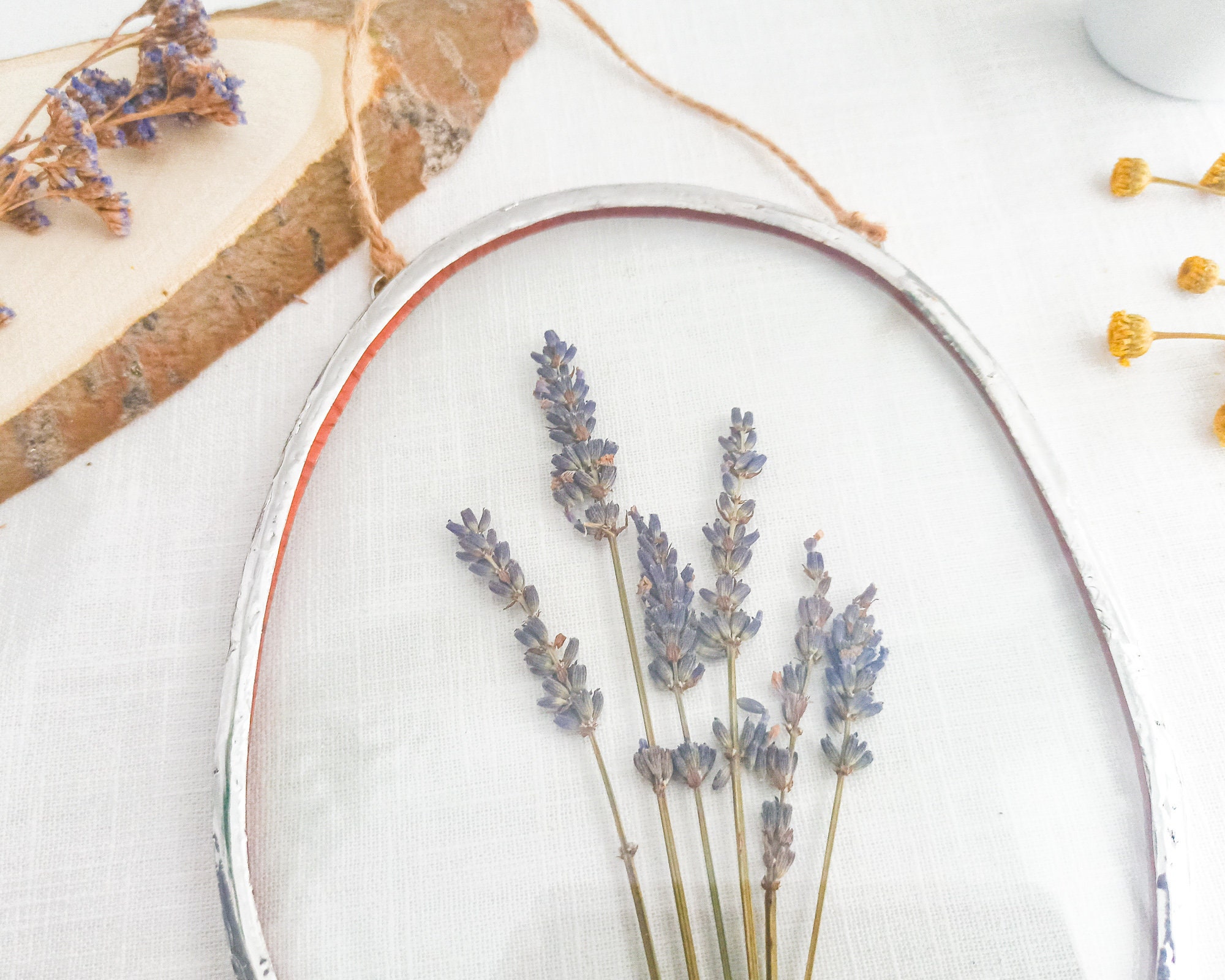 Herbarium Stained Glass Frame, Real Lavender Large Wall Art in Glass