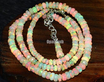 Faceted White Opal Necklace: 925 Sterling Silver Beaded Jewelry