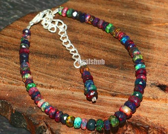 Ethiopian Black Opal Bracelet: 925 Sterling Silver Faceted Rondelle Beads