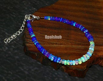 Pulsera de ópalo etíope: plata de ley 925, cuentas redondas moradas y blancas