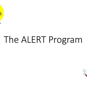 Op de afbeelding: Een cartoonillustratie van een rode auto die tegen een boom is gebotst. De auto is naar links gericht en de boom bevindt zich rechts. De tekst "The ALERT Program" bevindt zich onder de afbeelding. Een cartoonillustratie van een gele auto met een blauw verband om zijn hoofd en een thermometer in zijn mond bevindt zich aan de rechterkant van de afbeelding.
