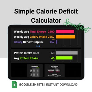 Könnte beinhalten: Ein Screenshot einer Google Sheet-Tabelle auf dem Bildschirm eines Tablets. Die Tabelle ist ein Kaloriendefizit-Rechner mit dem Titel "Simple Calorie Deficit Calculator". Die Tabelle enthält eine wöchentliche durchschnittliche Gesamtenergie, eine wöchentliche durchschnittliche Kalorienaufnahme, ein Kaloriendefizit/Überschuss, ein Proteinaufnahme-Ziel und eine durchschnittliche Proteinaufnahme. Die Tabelle enthält auch eine Tabelle mit der Verfolgung von Makros und eine Tabelle mit Apple Watch-Daten.