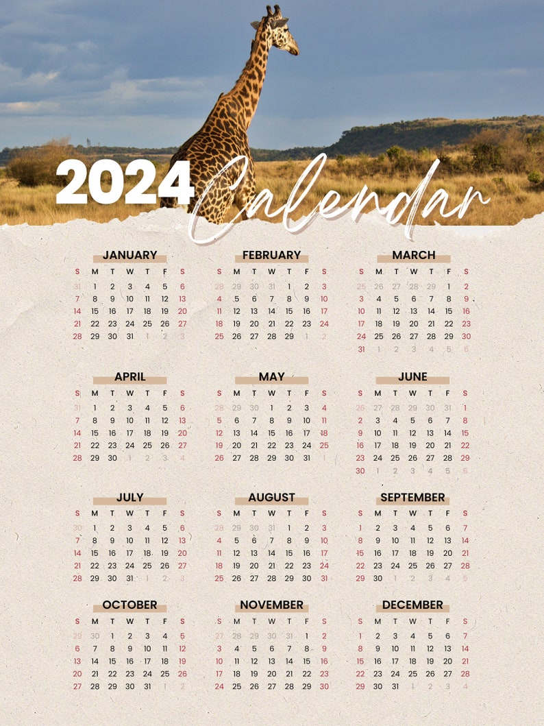 2024 Printable Calendar, Safari Animal Calendar, Wildlife Calendar