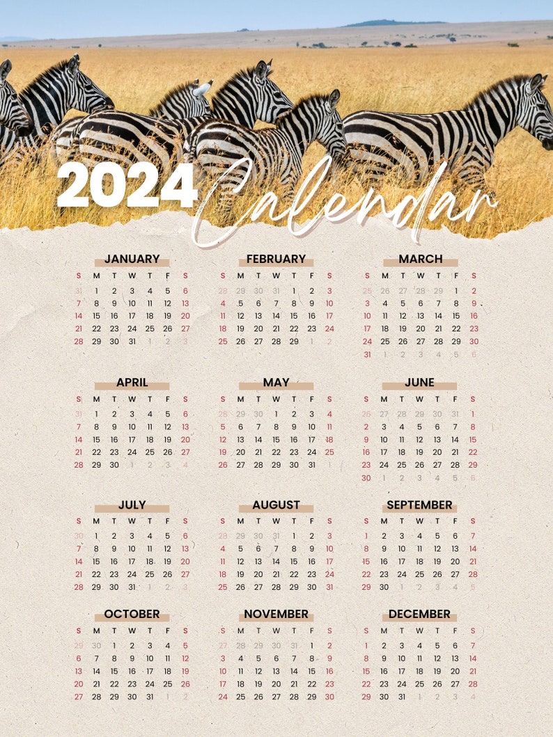 2024 Printable Calendar, Safari Animal Calendar, Wildlife Calendar