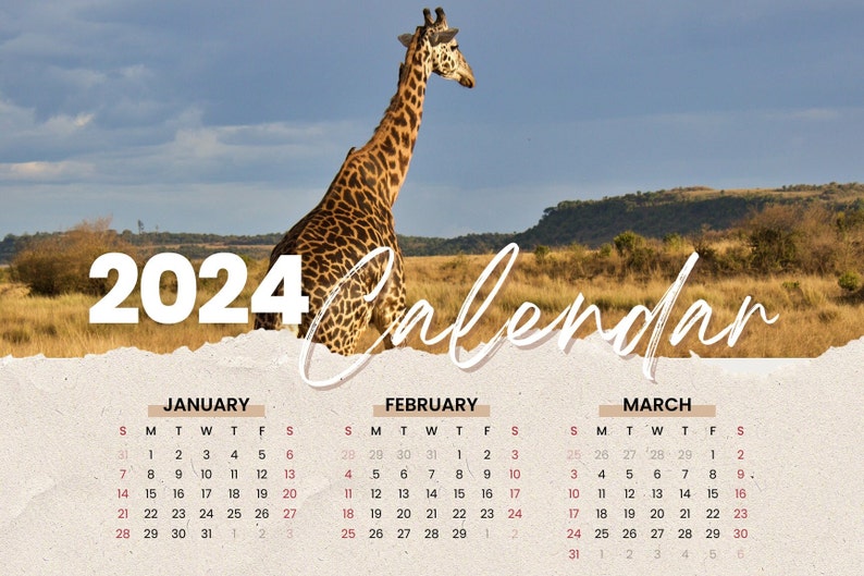 2024 Printable Calendar, Safari Animal Calendar, Wildlife Calendar