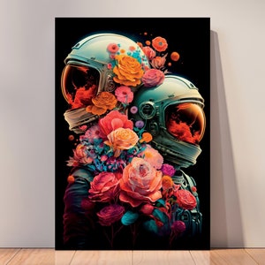 Astronaut Couple Canvas Wall Art, Astronaut Love in Space Poster Art, Flowers and Astronauts Wall Painting