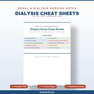 Dialysis Nurse Cheat Sheet with 30 Practice Questions, Flashcards, Hemodialysis PD and CRRT, Nephrology Nurse Guide, Instant Download