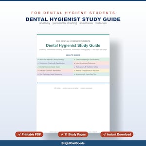 Guía de estudio para higienistas dentales con 24 preguntas de práctica, tarjetas didácticas, preparación para el examen NBDHE, patología oral, registro periodontal, descarga instantánea.