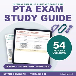 Studiegids voor het PTA-examen met 54 oefenvragen, flashcards, alle systemen plus gegevensverzameling, voorbereiding op het NPTE-examen, direct te downloaden.