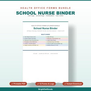 Classeur pour infirmière scolaire avec plan de santé individualisé et plan d'action contre les allergies, modèle Canva modifiable et PDF, fiche de remplacement, formulaires du bureau de santé, registre des visites