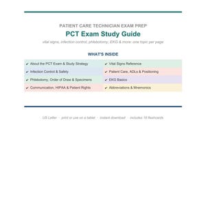 Op de afbeelding: Een digitale studiegids getiteld Patient Care Technician Exam Prep PCT Exam Study Guide. Het bevat onderwerpen zoals vitale functies, infectiepreventie, flebotomie, EKG, patiëntenzorg, communicatie, HIPAA en afkortingen voor het examen.