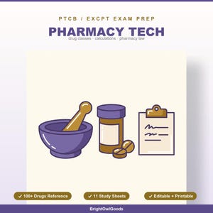 Pharmacy Technician Study Guide with Top 160+ Drugs, 28 Practice Questions, Flashcards, PTCB CPHT Exam Prep, Instant Download