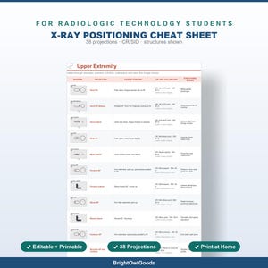 May include: An X-ray positioning cheat sheet for radiologic technology students featuring 38 projections. The document includes a table for the upper extremity with columns for diagram, projection, patient position, CR/SID, and structures shown.