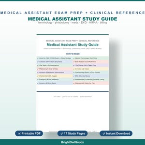 Studiehandledning för medicinsk assistent med 32 övningsfrågor, flashcards, kliniska och administrativa frågor, CMA CCMA RMA-examensförberedelse, omedelbar nedladdning