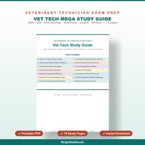 Vet Tech Mega Study Guide with 33 Practice Questions, Flashcards, All 9 VTNE Domains, RVT Exam Prep, Instant Download