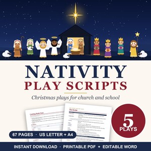 Nativity Play Script for Church and School, 5 Christmas Plays for Kids, Any Size Cast 6 to 40+, Director's Kit, Editable Word, Letter and A4