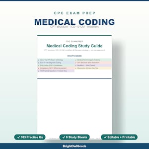 Medical Coding Study Guide with 103 Practice Questions, 40 Flashcards, CPC Exam Prep, Medical Billing and Coding Reference, Instant Download