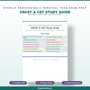 Op de afbeelding: Een digitale studiegids voor de voorbereiding op CRCST- en CST-examens. Het document heeft een witte achtergrond met donkergroene tekst en bevat onderwerpen zoals ontsmetting, sterilisatiemethoden en chirurgische instrumenten.