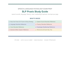 Może przedstawiać: Przewodnik do nauki SLP Praxis przygotowujący do egzaminu z logopedii. Strona zawiera tytuł, podtytuł oraz tabelę wymieniającą tematy, takie jak zaburzenia mowy, języka, płynności, głosu, połykania, afazja oraz zaburzenia motoryczne mowy.
