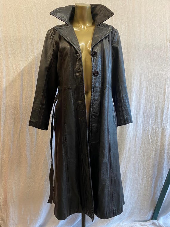 Small 1970s Green Leather Boho Trench Coat Topstitch