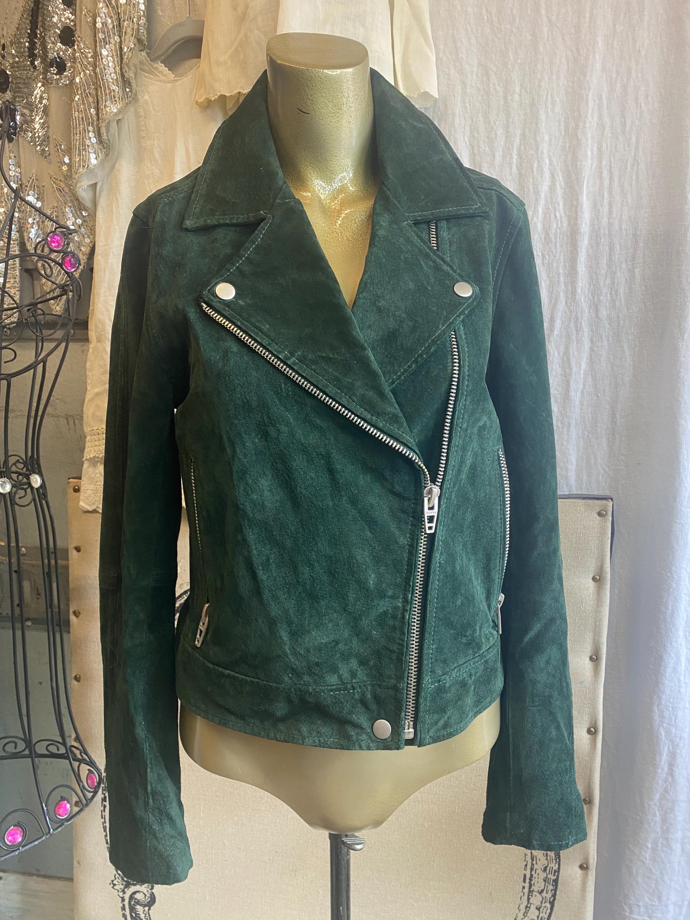 Beautiful Bad-Ass green suede Biker jacket. woman’s sz. S early 2000’s vintage.