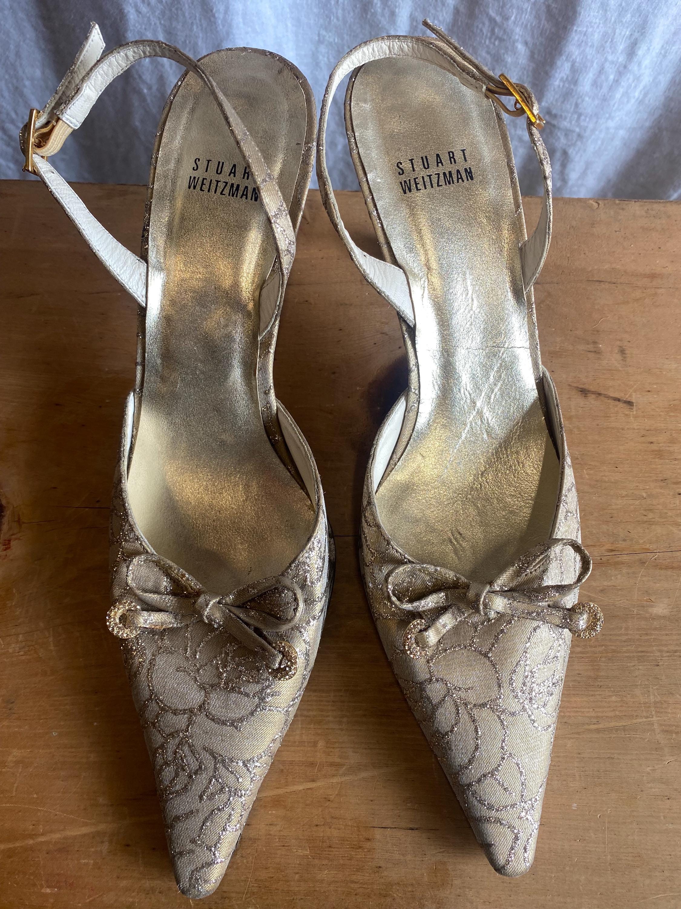 Vintage Stuart Weitzman Gold Heels. Pointy Toe, Heel Straps