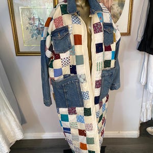 Upcycled, floor length quilt and denim duster jacket. Sz. L/XL, slouchy, oversized, drop shoulder fit. With matching quilted top hat.