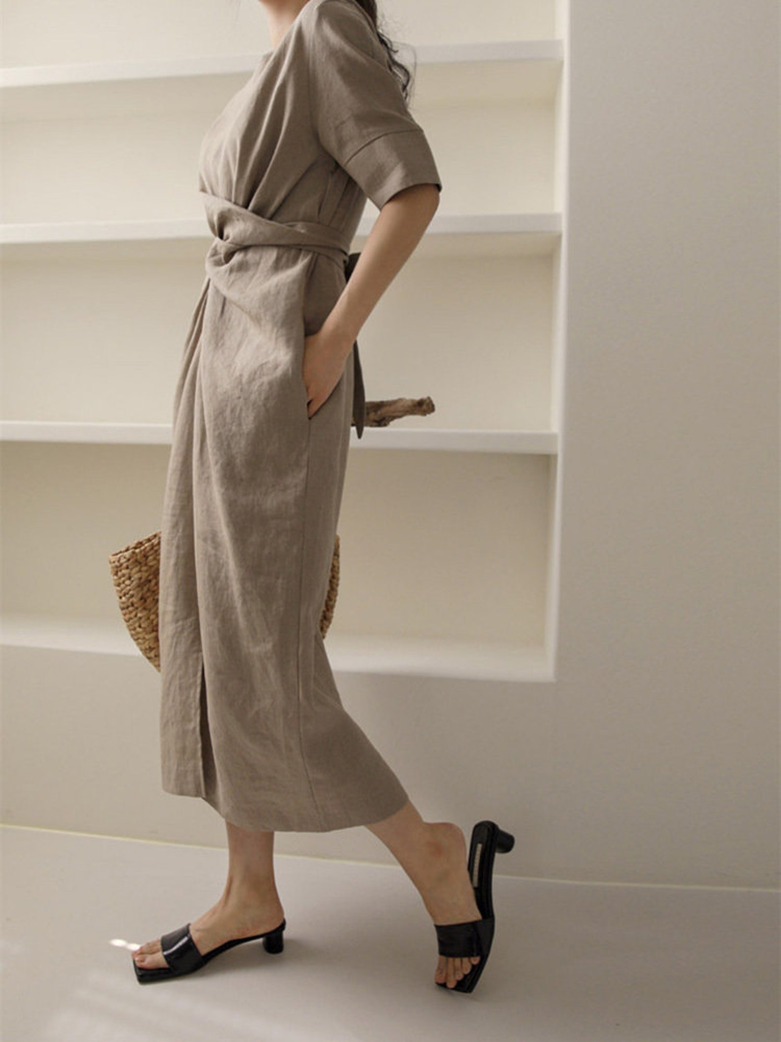 Women's Linen Wrap Dress With Pockets Summer Short Etsy
