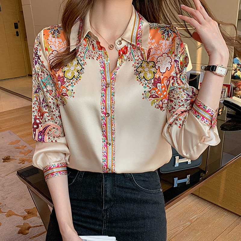Floral Printed Blouse Shirts Elegant Fashion Floral Office - Etsy