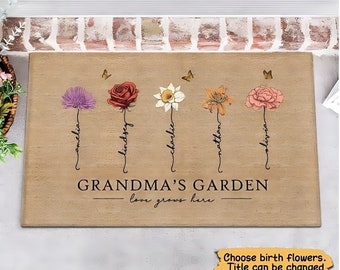 Grandma‘s Garden Love Grows Here Vintage Geburtsblumen Swirl Name personalisierte Fußmatte, Muttertagsgeschenk, Geschenk für Sie, Mama, Oma