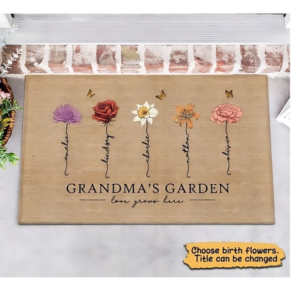 Grandma‘s Garden Love Grows Here Vintage Birth Flowers Swirl Name Personalized Doormat, Mother's Day Gift, Gift For Her, Mom, Grandma