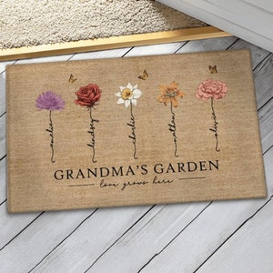 Grandmas Garden Love Grows Here Vintage Birth Flowers Swirl Name Personalized Doormat, Mother's Day Gift, Gift For Her, Mom, Grandma image 1