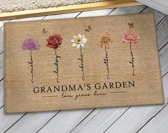 Grandma‘s Garden Love Grows Here Vintage Geburtsblumen Swirl Name personalisierte Fußmatte, Muttertagsgeschenk, Geschenk für Sie, Mama, Oma