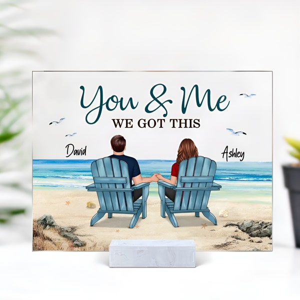 Back View Couple Sitting Beach Landscape Personalized Acrylic Plaque