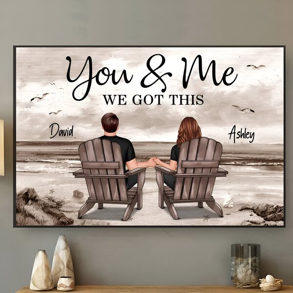 Retro Vintage Back View Couple Sitting Beach Landscape Personalized Horizontal Poster