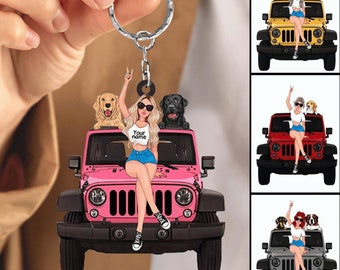 Personalized A Girl With Off-Road Car And Dog Keychain Gift For Journey Girls