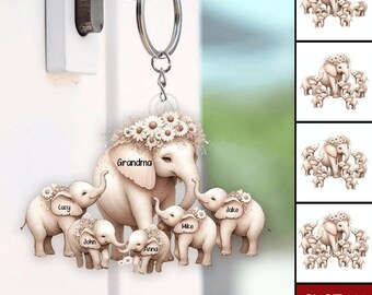 Mama Elefant mit kleinen Kindern, personalisierter Acryl-Schlüsselanhänger - Geschenk zum Muttertag