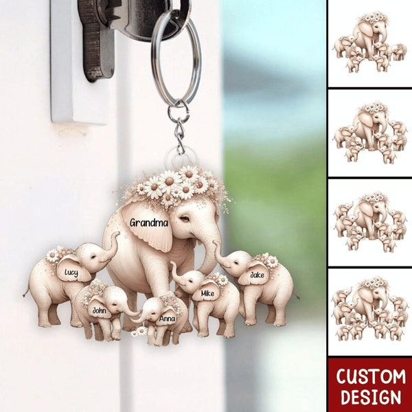 Mama Elephant With Little Kids Personalized Acrylic Keychain - Mother's Day Gift