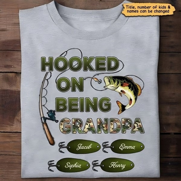 Hooked On Being Grandpa Fishing Camouflage Personalized Shirt, Father's Day Gift For Grandpa, Dad, Husband