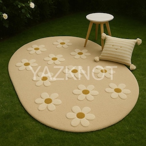 Handmade Cream Daisy Flower Rug – Irregular Shaped Tufted Carpet for Nursery, Kids Room, Cozy Bedroom, Boho Floral Home Decor 4x6 5x8 6x9