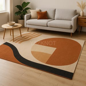 Modern Geometric Area Rug – Burnt Orange & Beige Abstract Wool Carpet | Mid-Century Minimalist Living Room Decor Handmade Contemporary Rug,