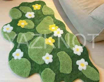 Hand-Tufted Whimsical Green Flower Meadow Rug – Irregular Daisy Carpet for Nature Decor Living Room