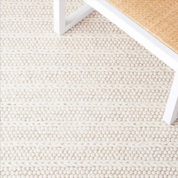 Cozy Elegance - Hand Knitted Chunky Wool Area Rug, Ivory/Off-White, Loop & Cable Knit, Runner