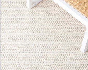 HouseOfDecor - Hand Knitted Chunky Wool Area Rug, Ivory/Off-White, Loop & Cable Knit, Runner
