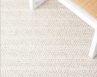 Cozy Elegance - Hand Knitted Chunky Wool Area Rug, Ivory/Off-White, Loop & Cable Knit, Runner