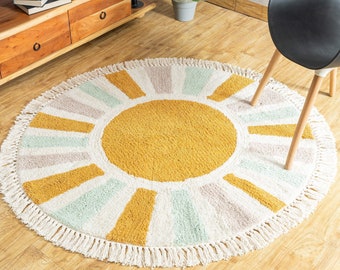Runder Sunburst Baumwoll-Teppich: Handgetuftet, Elfenbein / Off-White & Senf, Kinderzimmer-Dekor, Fransenakzente