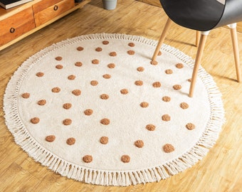 Polka Dots - Hand-Tufted Cotton Round Area Rug, Brown & White, Boho/Bohemian