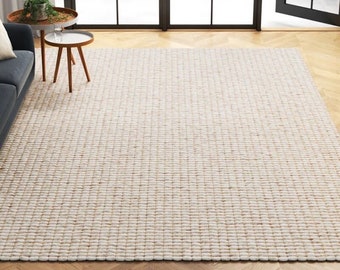 Hand-Woven Chunky Wool and Jute Rug, Ivory & Natural, Stripes, Runner, Living, Bedroom Rug